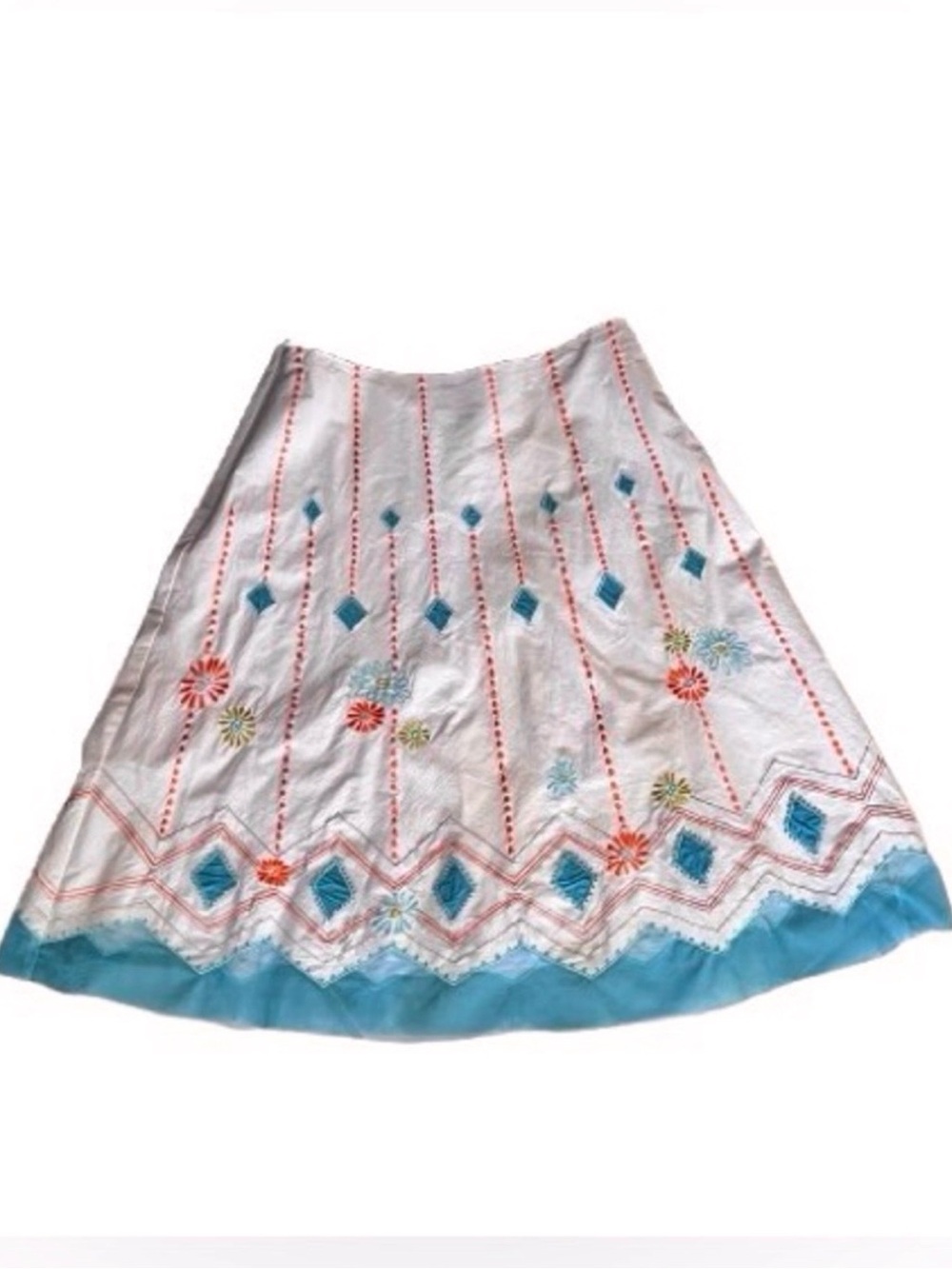 BASIL & MAUDE Embroidered Floral Beaded Midi Aline Skirt Cotton Boho Medium